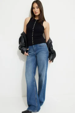 Sweaters & Cardigans | Sweaters-Dynamite Ribbed Pearl Button Vest Black