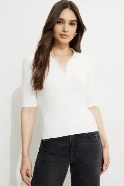 Sweaters & Cardigans | Short Sleeve Tops-Dynamite Ribbed Quarter Sleeve Polo White