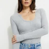 Tees & Tanks | Tees & Tanks-Dynamite Ribbed U-Neck Long Sleeve T Shirt Gray