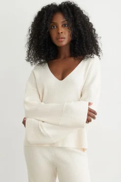 Sweaters & Cardigans | Sweaters-Dynamite Ribbed V-Neck Sweater White