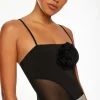 Tees & Tanks | Bodysuits-Dynamite Rosette Mesh Bodysuit Black