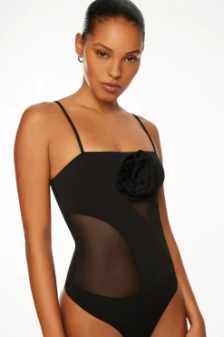 Tees & Tanks | Bodysuits-Dynamite Rosette Mesh Bodysuit Black