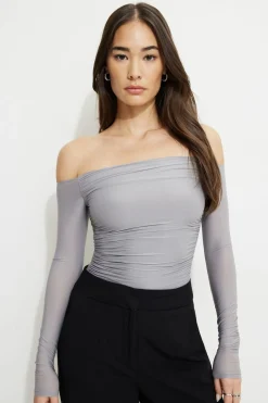 Tees & Tanks | Online Exclusives-Dynamite Ruched Off Shoulder Jersey Bodysuit Gray