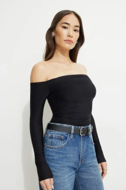 Online Exclusives | Tees & Tanks-Dynamite Ruched Off Shoulder Jersey Bodysuit Black