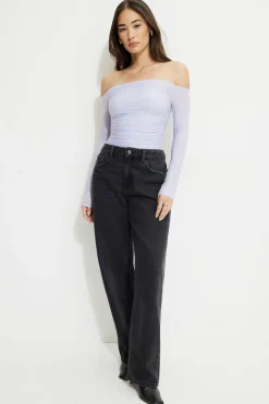 Tees & Tanks | Online Exclusives-Dynamite Ruched Off Shoulder Jersey Bodysuit Blue