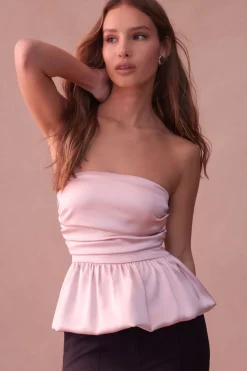 Blouses & Tops | Blouses & Tops-Dynamite Ruched Peplum Satin Top Pink