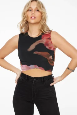Tees & Tanks | Tees & Tanks-Dynamite Ruched Printed Crop Top Black