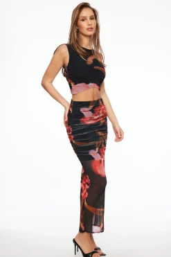 Tees & Tanks | Tees & Tanks-Dynamite Ruched Printed Crop Top Black