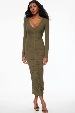 Dresses & Jumpsuits | Midi & Maxi Dresses-Dynamite Ruched Ribbed Maxi Dress Green