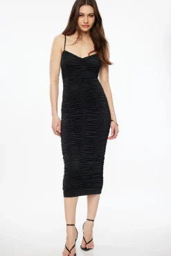Dresses & Jumpsuits | Midi & Maxi Dresses-Dynamite Ruched V-Neck Midi Dress Black