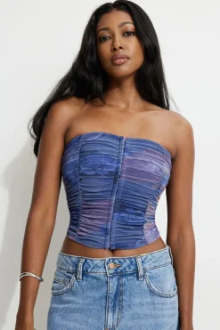 Tees & Tanks | Online Exclusives-Dynamite Salma Ruched Mesh Bustier Top Blue