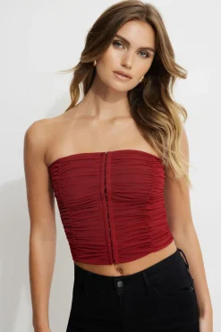 Tees & Tanks | Online Exclusives-Dynamite Salma Ruched Mesh Bustier Top Red