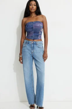 Tees & Tanks | Online Exclusives-Dynamite Salma Ruched Mesh Bustier Top Blue
