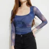 Tees & Tanks | Online Exclusives-Dynamite Scarlette Ruched Mesh Top Blue