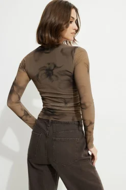 Tees & Tanks | Tees & Tanks-Dynamite Scarlette Ruched Mesh Top Brown