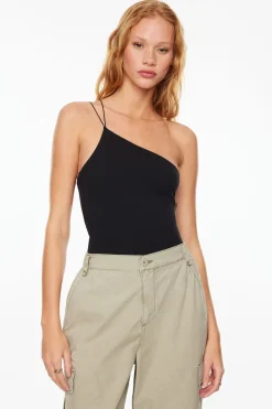 Tees & Tanks | Bodysuits-Dynamite Sculpt Asymmetrical Open Back Bodysuit Black