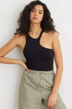 Tees & Tanks | Bodysuits-Dynamite Sculpt High Neck Asymmetric Bodysuit Black