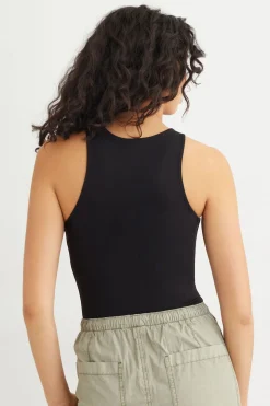 Tees & Tanks | Bodysuits-Dynamite Sculpt High Neck Asymmetric Bodysuit Black
