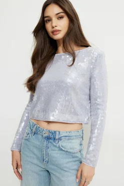 Tees & Tanks | Bestsellers-Dynamite Sequin Crewneck Top White
