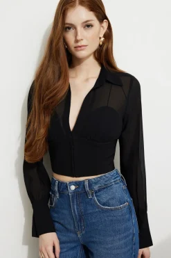 Blouses & Tops | Online Exclusives-Dynamite Sheer Corset Blouse Black