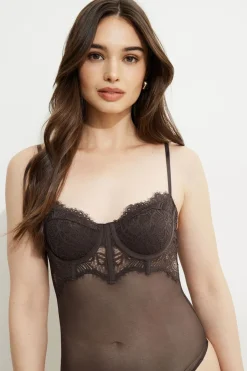 Tees & Tanks | Tees & Tanks-Dynamite Sheer Lace Bustier Bodysuit Brown
