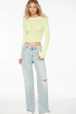Sweaters & Cardigans | Sweaters-Dynamite Sheer Long Sleeve Sweater Top Yellow