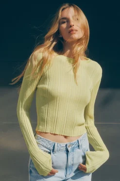 Sweaters & Cardigans | Sweaters-Dynamite Sheer Long Sleeve Sweater Top Yellow