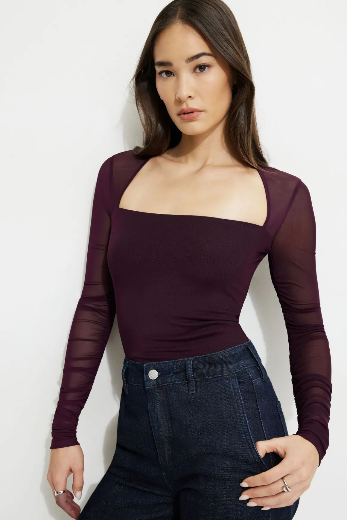 Tees & Tanks | Bestsellers-Dynamite Shirred Long Sleeve Bolero Top Burgundy
