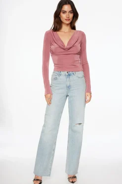 Tees & Tanks | Long Sleeve Tops-Dynamite Slinky Long Sleeve Cowl Neck Top Burgundy