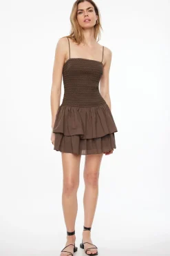 Dresses & Jumpsuits | Mini Dresses-Dynamite Smocked Ruffle Mini Dress Brown