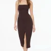 Dresses & Jumpsuits | Midi & Maxi Dresses-Dynamite Square Neck Midi Dress With Slit Brown