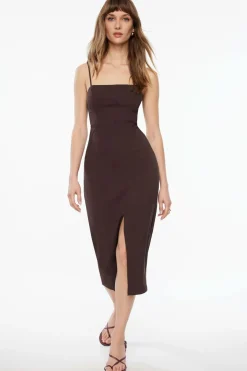 Dresses & Jumpsuits | Midi & Maxi Dresses-Dynamite Square Neck Midi Dress With Slit Brown