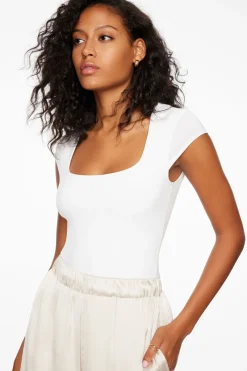Tees & Tanks | Tees & Tanks-Dynamite Tana Sculpt Short Sleeve Square Neck Bodysuit White