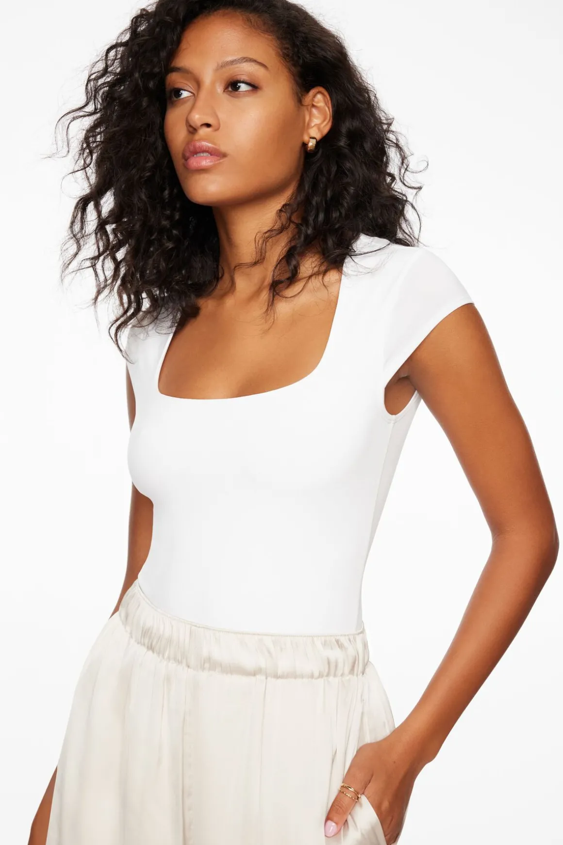 Tees & Tanks | Tees & Tanks-Dynamite Tana Sculpt Short Sleeve Square Neck Bodysuit White