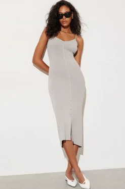 Dresses & Jumpsuits | Midi & Maxi Dresses-Dynamite V-Neck Button Down Midi Dress Gray